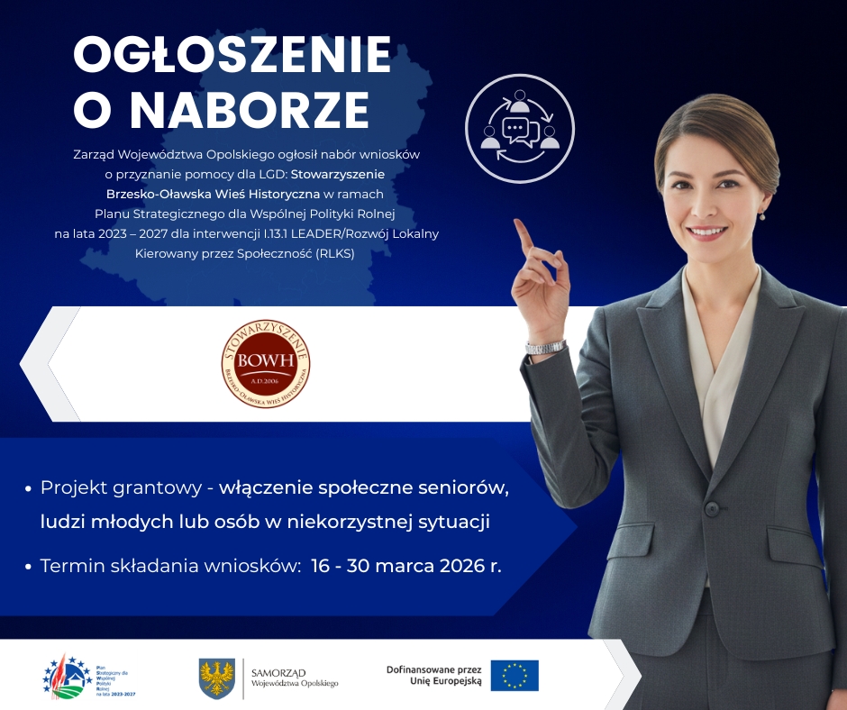 Plakat informujący o naborze wniosków LGD Stowarzyszenie Brzesko-Oławska Wieś Historyczna na projekty grantowe dotyczące włączenia społecznego. Termin składania wniosków: 16–30 marca 2026 r.